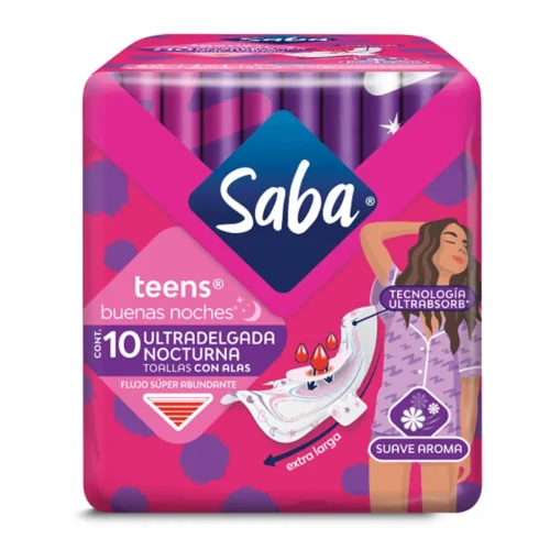 SABA TEENS CON ALAS ULTRA DELGADA NOCTURNA 10PZ TOALLAS SANITARIAS