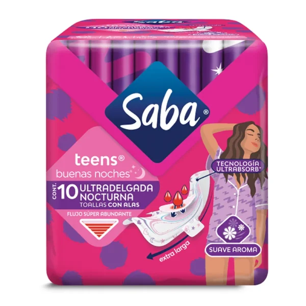 SABA TEENS CON ALAS ULTRA DELGADA NOCTURNA 10PZ TOALLAS SANITARIAS